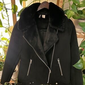 H&M Black Leather Jacket with Faux Fur Collar